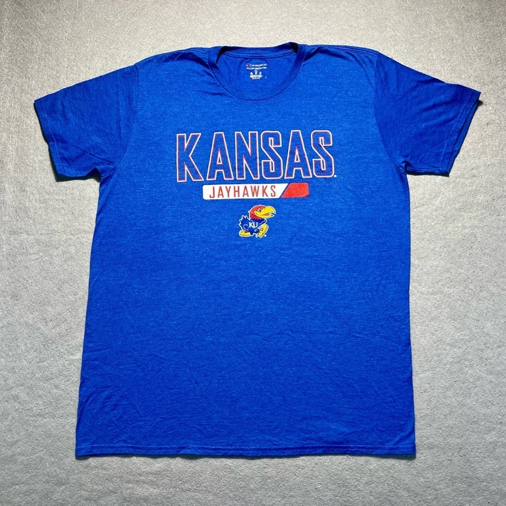 Champion Kansas Jayhawks NCAA KU T-Shirt Blue Men’s XL Short Sleeve Cotton Blend